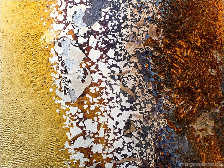 Blighted Paint: Near Waimea, HI, USA (2016-02-02) - Abstract photo of progression and evolution in chipped paint patterns, from plain fibre to complex lava-like rust