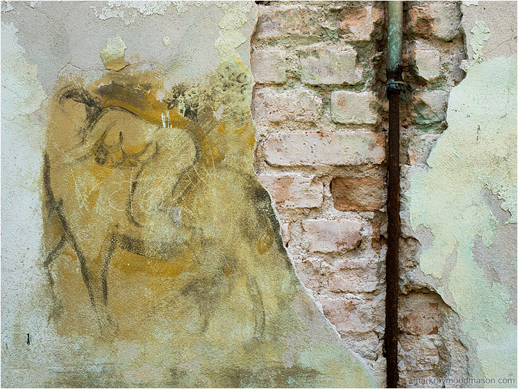 Worn Drawing, Eroded Wall: Havana, Cuba (2017-02-14) - Fine art photograph of a charcoal mural on a chipped and stained concrete wall, with bricks and pipes exposed beneath the damage