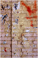 Inverted Brick, Paper: Calgary, AB, Canada (2007) - Abstract photograph of sunlit scraps of paper on a garishly painted brick wall