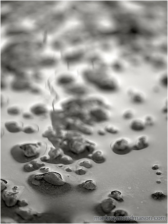 Abstract black and white photograph of tiny pebbles, a thin sheen of water, and out-of-focus highlights