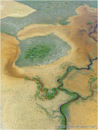 Abstact aerial photograph showing a river twisting through an orange marshy landscape