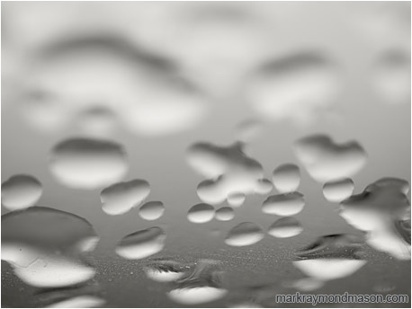 Abstract macro black and white photograph showing beads of rainwater on a dirty car window