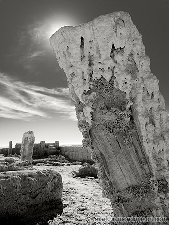 Fine art B&W photograph showing bridge piers crusted in salt and barnacles against a dramatic cloudy sky