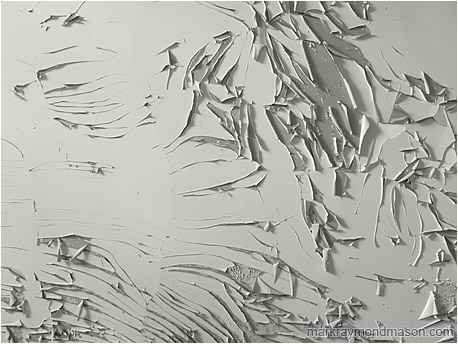 Black and white abstract photo of wind-like swirls in peeling paint, a detail of a wall in a decrepit building