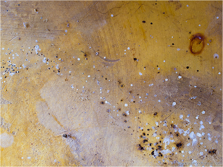 Texture, Flecks, Stains: Near Monte Verde, Costa Rica (2013-01-13) - Abstract photograph showing paint flecks, sweeping patterns, and colourful stains in a aging, well-worn concrete floor