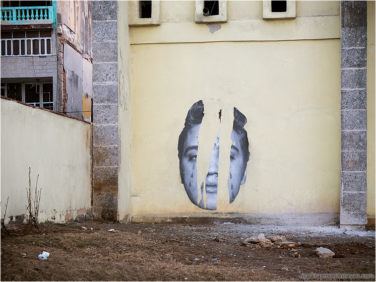 Street Art, Vacant Lot: Havana, Cuba (2017-02-13) - Fine art photo showing a torn street mural of Elvis in a rare unused space in downtown Havana