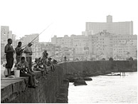 Men Fishing, Pale Skyline: Havana, Cuba (2017) - Black and white landscape photograph showing men fishing from the Malecon, with the ancient buildings of Havana in the background