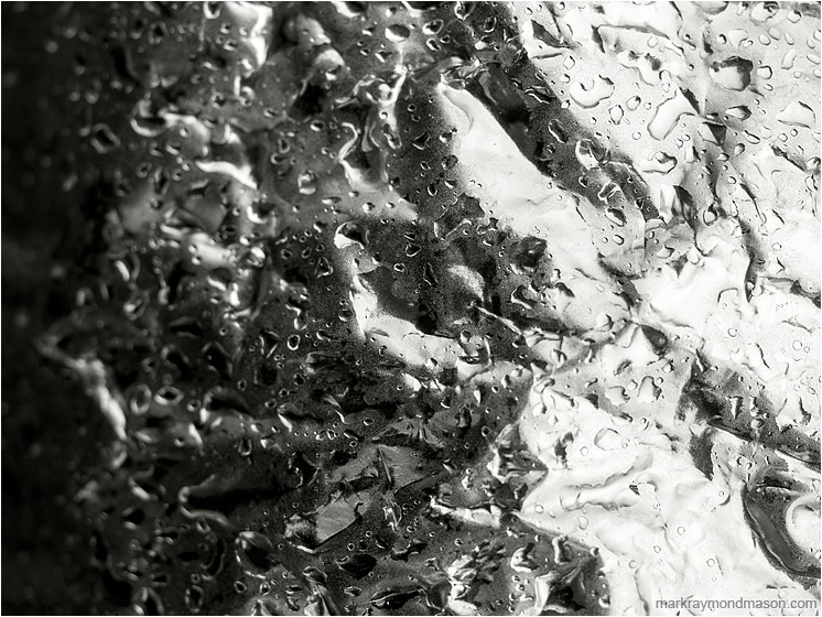 Silver Foil, Water Beads: Vancouver, BC, Canada (2018-01-28) - Abstract black and white photo of water beading on the crumpled remains of a foil weather balloon